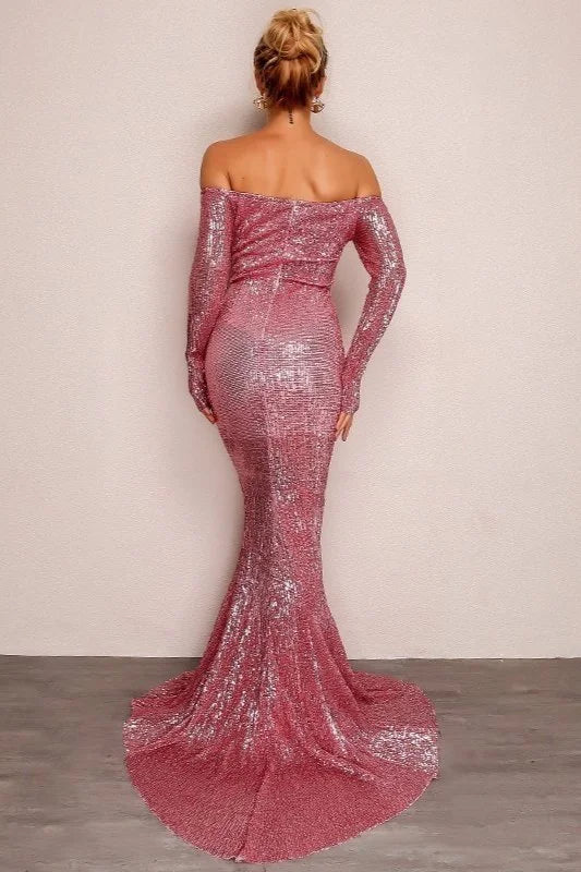 Glamorous Long Sleeve Off-the-Shoulder Sequins Evening Gowns Mermaid Prom Dress Online-BallBride