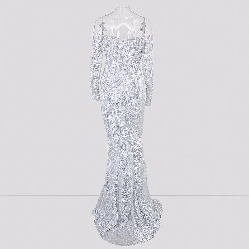 Glamorous Long Sleeve Off-the-Shoulder Sequins Evening Gowns Mermaid Prom Dress Online-BallBride