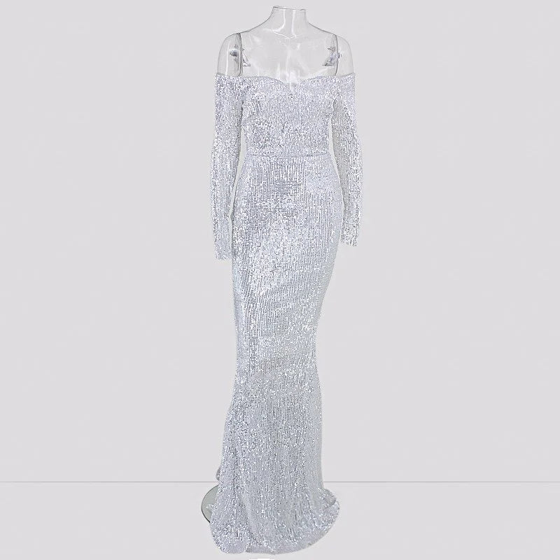 Glamorous Long Sleeve Off-the-Shoulder Sequins Evening Gowns Mermaid Prom Dress Online-BallBride