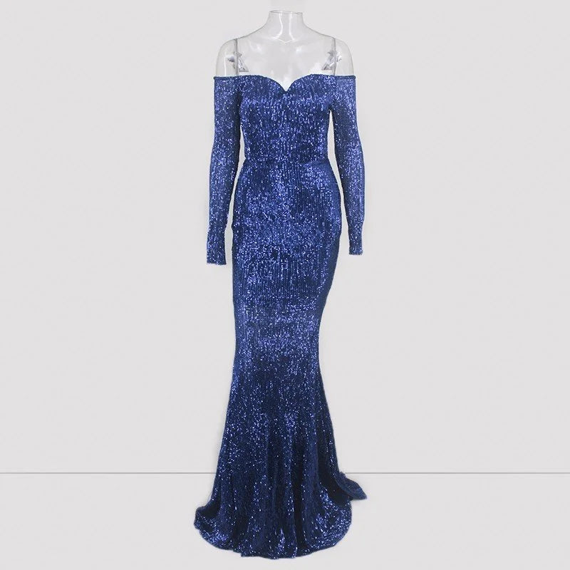 Glamorous Long Sleeve Off-the-Shoulder Sequins Evening Gowns Mermaid Prom Dress Online-BallBride
