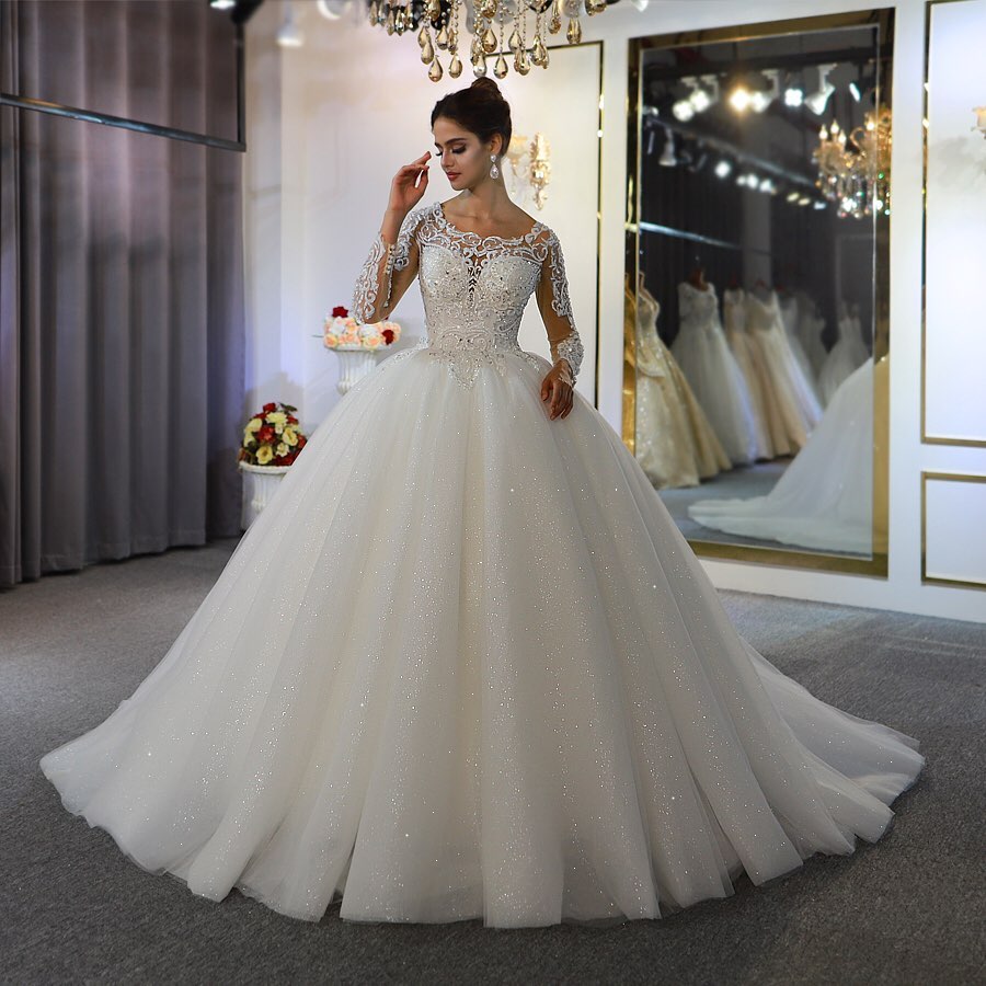Glamorous Long Sleeved Lace Applique Sequined Scoop Wedding Dress-BallBride