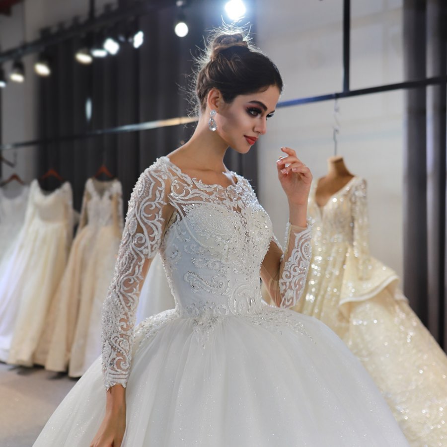 Glamorous Long Sleeved Lace Applique Sequined Scoop Wedding Dress-BallBride