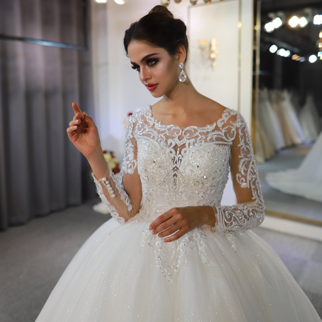 Glamorous Long Sleeved Lace Applique Sequined Scoop Wedding Dress-BallBride