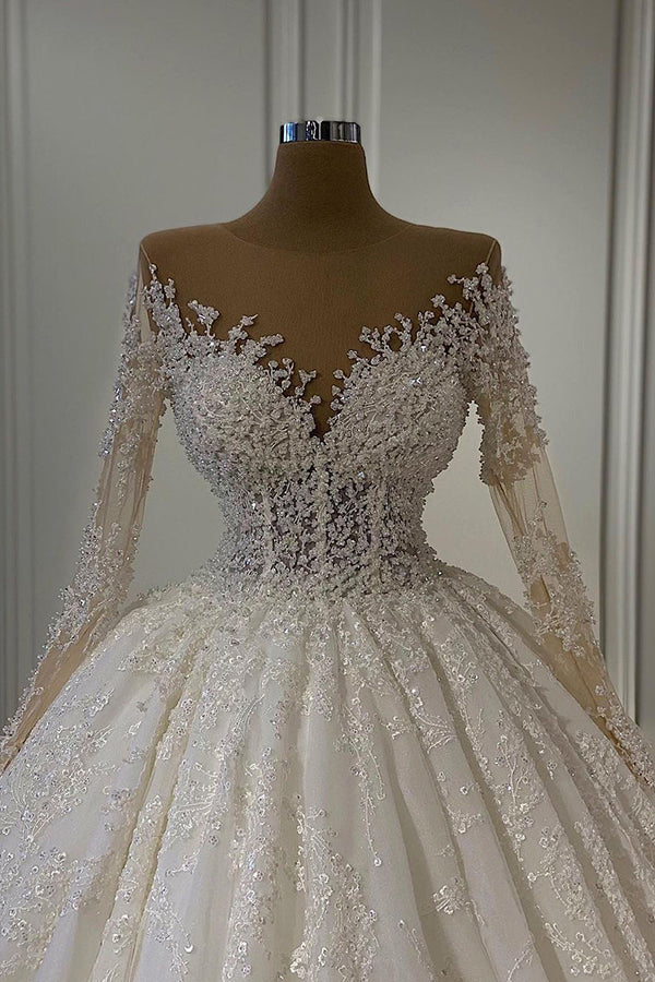 Glamorous Long Sleeves Ball Gown Wedding Dress with Lace Beadings-BallBride