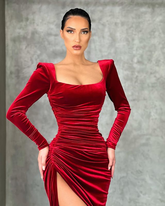 Glamorous Long Sleeves Burgundy Mermaid Evening Dress with Slit-BallBride