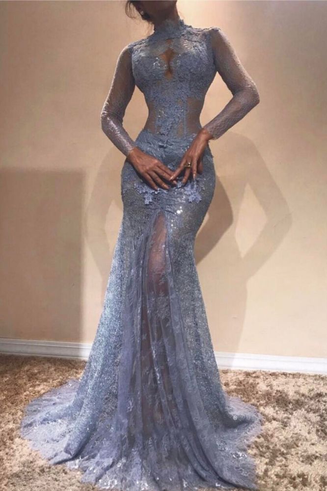 Glamorous Long Sleeves Lace High Neck Front-Split Prom Dress-BallBride