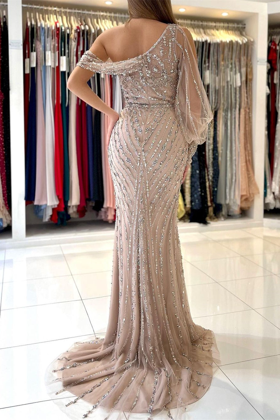 Glamorous Long Sleeves Mermaid One Shoulder Tulle Beads Prom Dress With Split-BallBride