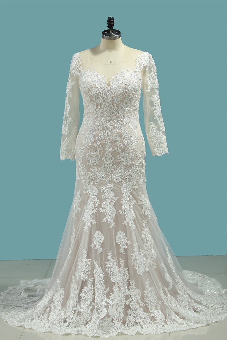 Glamorous Long Sleeves Mermaid Wedding Dress with Lace Appliques-BallBride