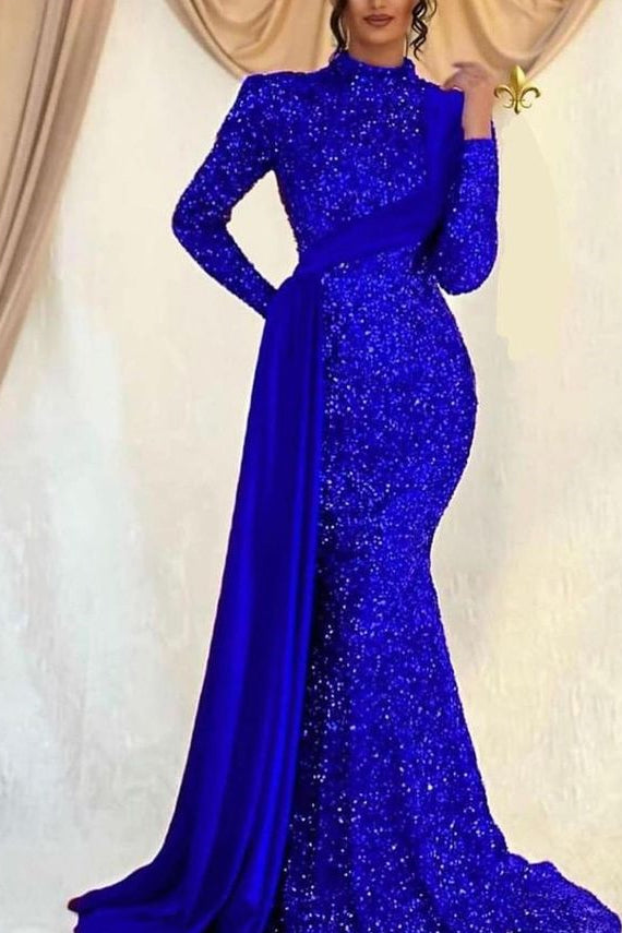 Glamorous Long Sleeves Prom Dress with Mermaid Sequins and Ruffles-BallBride
