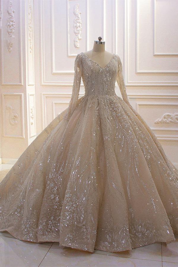 Glamorous Long Sleeves V-neck Ball Gown Wedding Dress With Sequins Beading Ruffles-BallBride