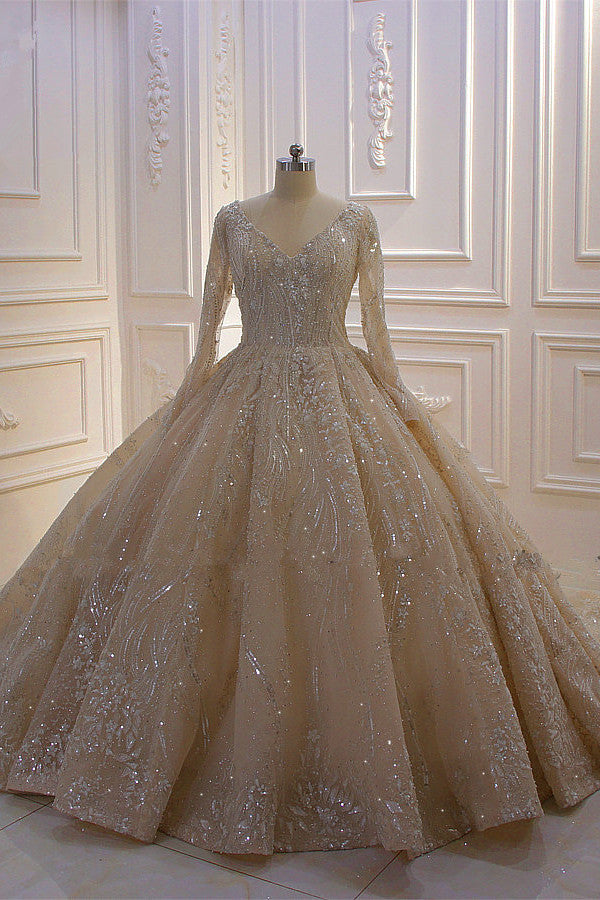 Glamorous Long Sleeves V-neck Ball Gown Wedding Dress With Sequins Beading Ruffles-BallBride