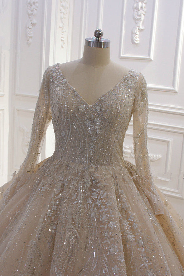 Glamorous Long Sleeves V-neck Ball Gown Wedding Dress With Sequins Beading Ruffles-BallBride