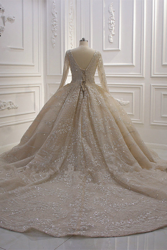 Glamorous Long Sleeves V-neck Ball Gown Wedding Dress With Sequins Beading Ruffles-BallBride