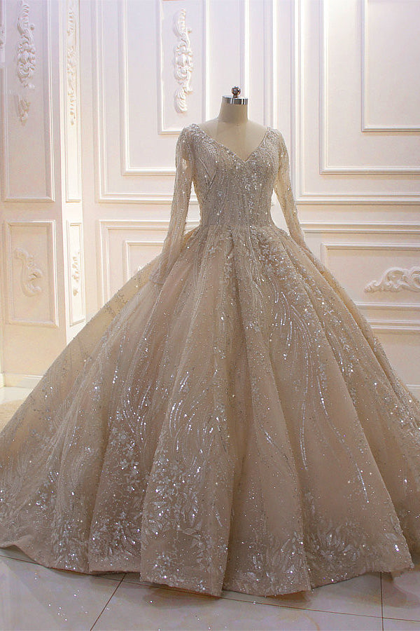 Glamorous Long Sleeves V-neck Ball Gown Wedding Dress With Sequins Beading Ruffles-BallBride