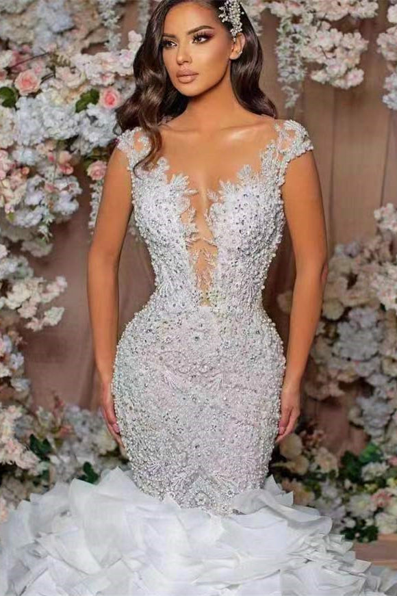 Glamorous Mermaid Lace Appliques Wedding Dress with Cap Sleeves & Ruffle-BallBride