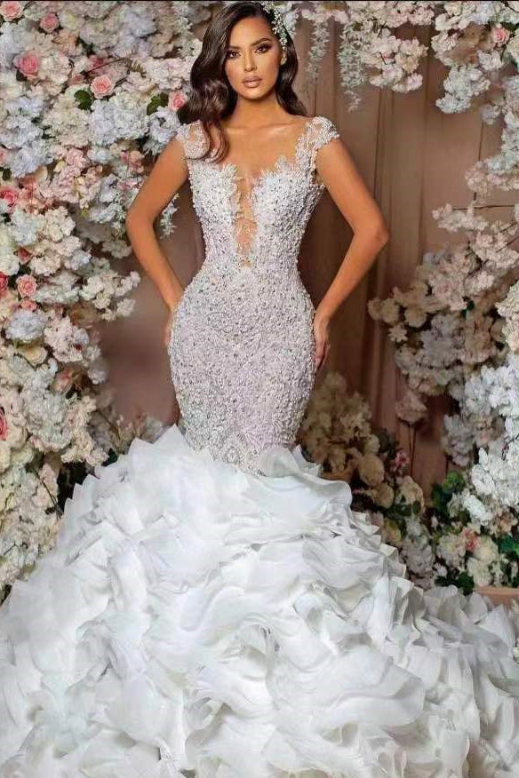Glamorous Mermaid Lace Appliques Wedding Dress with Cap Sleeves & Ruffle-BallBride