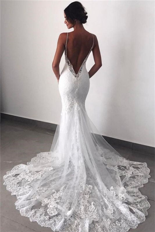 Glamorous Mermaid Lace Wedding Dress with Spaghetti-Straps and Appliques-BallBride
