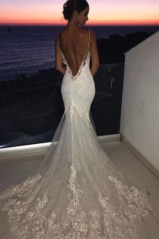 Glamorous Mermaid Lace Wedding Dress with Spaghetti-Straps and Appliques-BallBride
