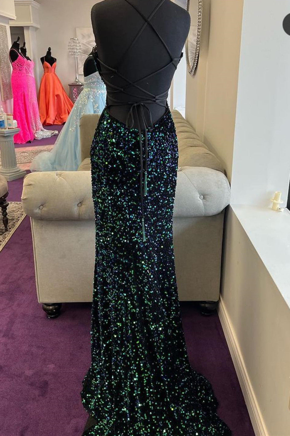 Glamorous Mermaid Prom Dress with Sequins and Split Spaghetti-Straps-BallBride