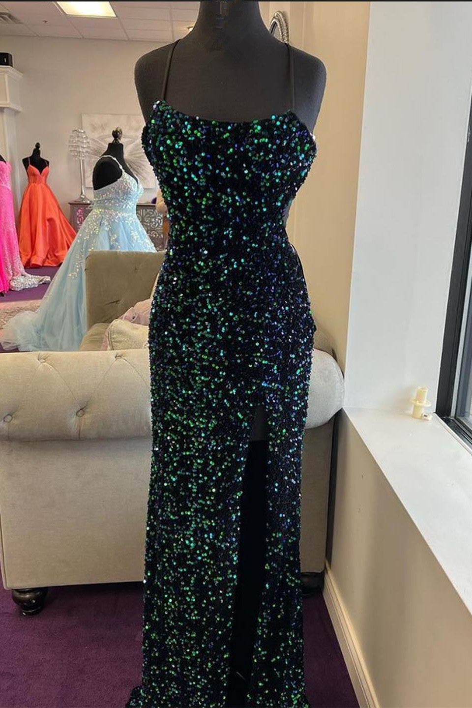 Glamorous Mermaid Prom Dress with Sequins and Split Spaghetti-Straps-BallBride