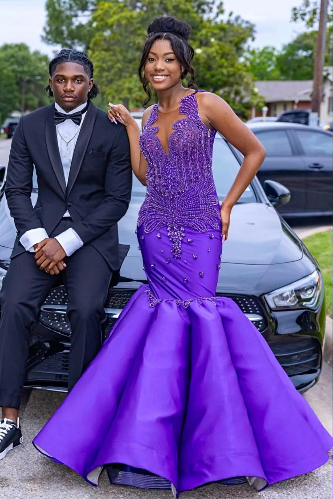 Glamorous Mermaid Purple Sleeveless Crystal Sexy Prom Dress-BallBride