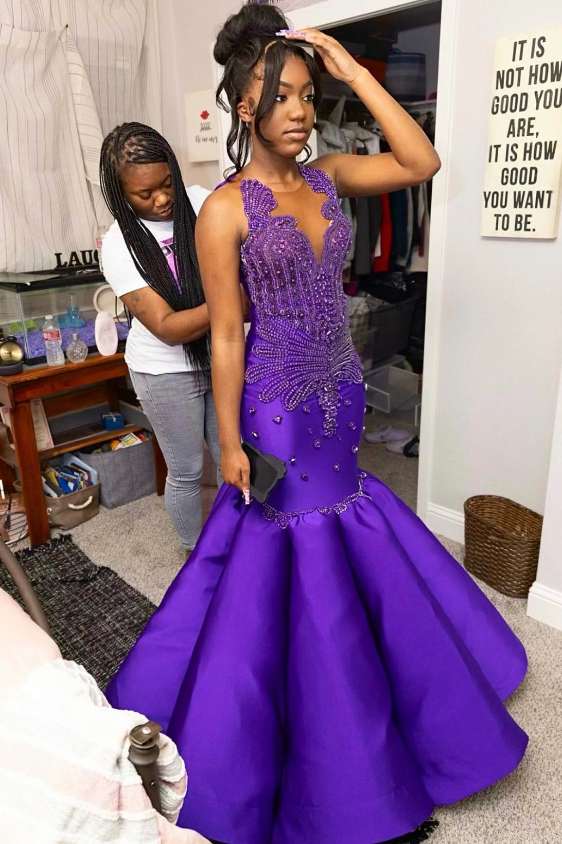 Glamorous Mermaid Purple Sleeveless Crystal Sexy Prom Dress-BallBride