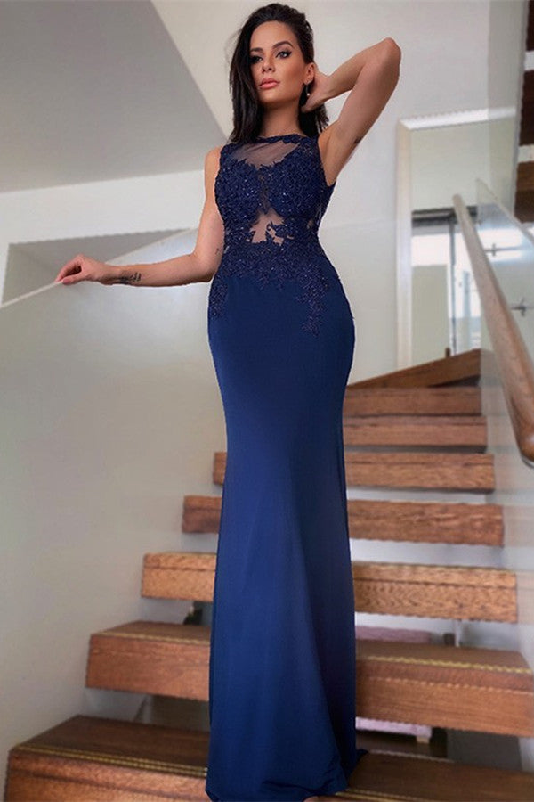 Glamorous Navy Blue Lace Appliques Mermaid Evening Dress Sleeveless-BallBride