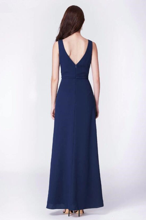 Glamorous Navy Blue V-Neck Long Prom Dress with Ruffles-BallBride