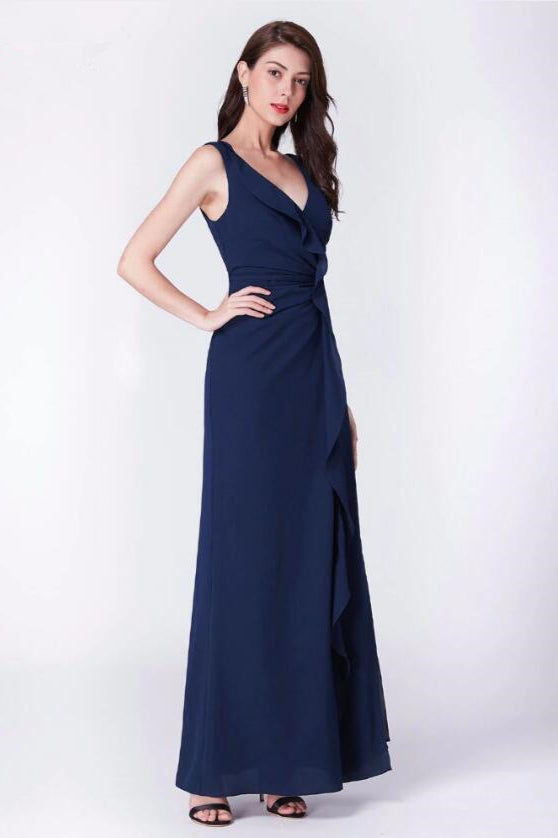 Glamorous Navy Blue V-Neck Long Prom Dress with Ruffles-BallBride
