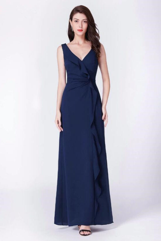 Glamorous Navy Blue V-Neck Long Prom Dress with Ruffles-BallBride