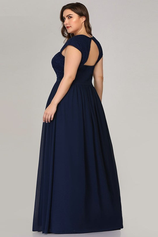 Glamorous Navy Evening Gown with Cap Sleeves and Lace Chiffon Plus Size Prom Dress-BallBride