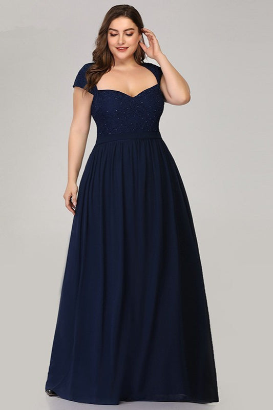 Glamorous Navy Evening Gown with Cap Sleeves and Lace Chiffon Plus Size Prom Dress-BallBride