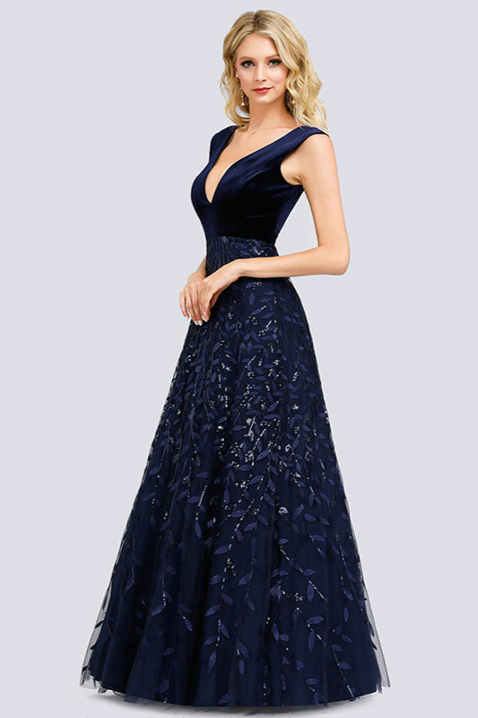 Glamorous Navy V-Neck Evening Dress with Leaves Appliques-BallBride