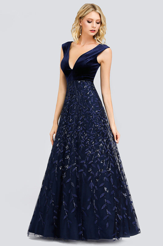 Glamorous Navy V-Neck Evening Dress with Leaves Appliques-BallBride
