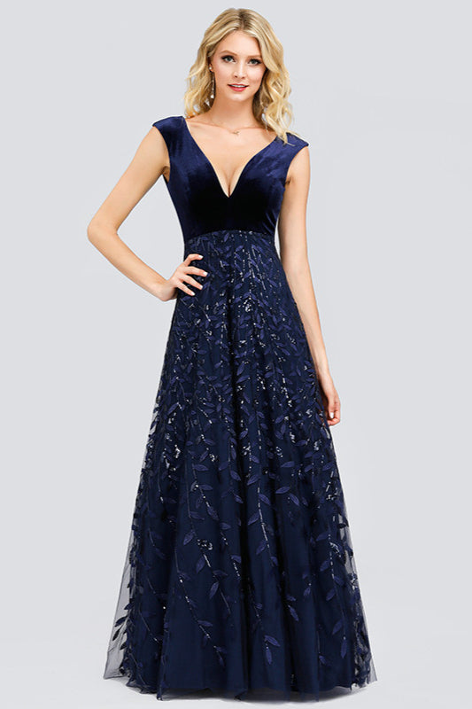 Glamorous Navy V-Neck Evening Dress with Leaves Appliques-BallBride