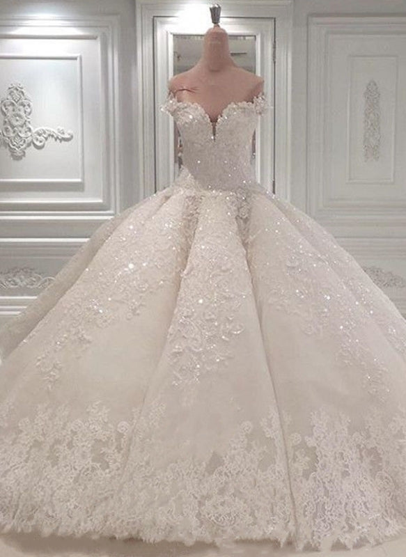 Glamorous Off-the-Shoulder Ball Gown Wedding Dress With Beadings-BallBride