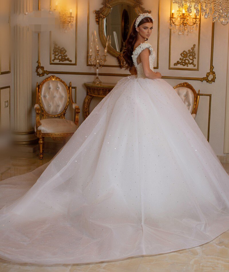 Glamorous Off-the-Shoulder Beaded Princess Wedding Dress with Pearl Tulle-BallBride