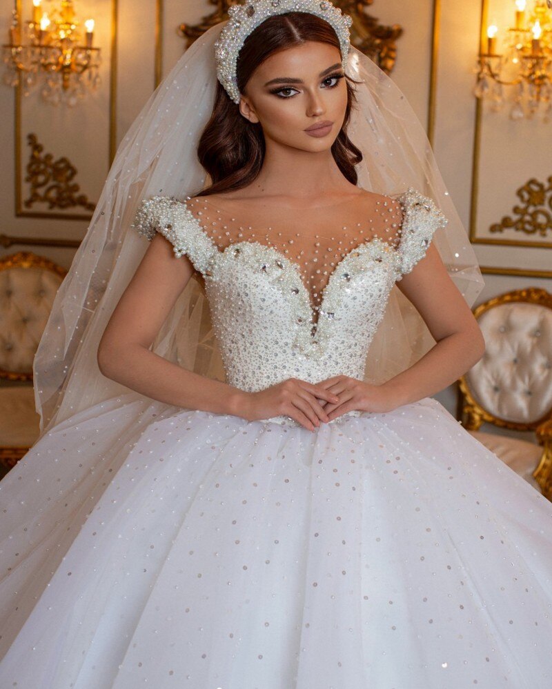 Glamorous Off-the-Shoulder Beaded Princess Wedding Dress with Pearl Tulle-BallBride