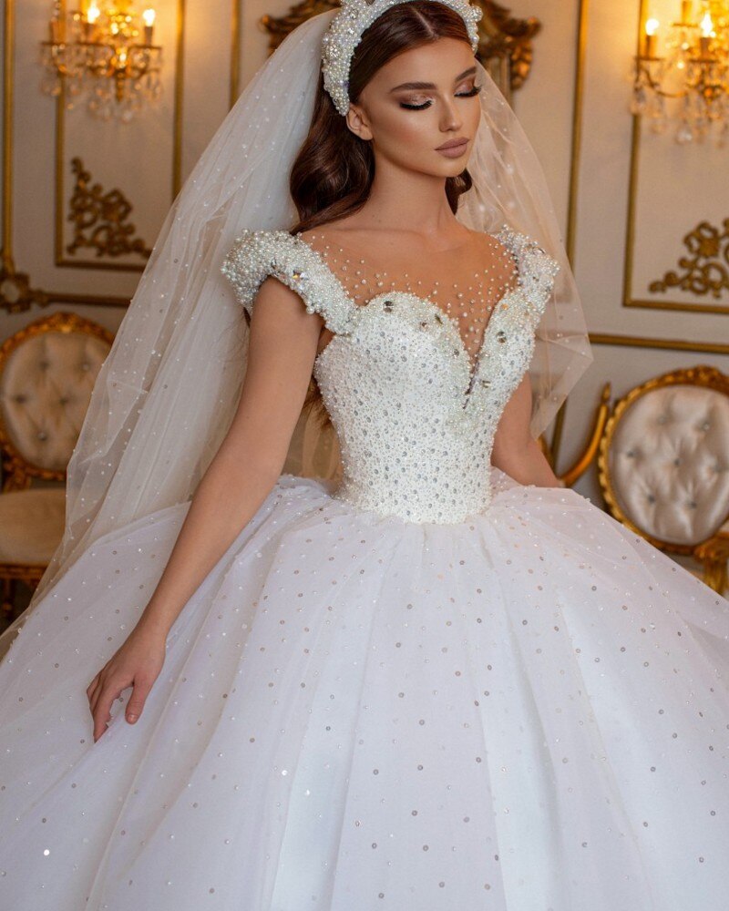 Glamorous Off-the-Shoulder Beaded Princess Wedding Dress with Pearl Tulle-BallBride