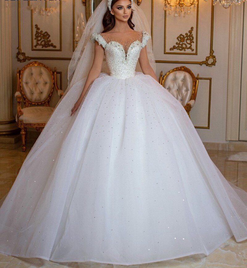 Glamorous Off-the-Shoulder Beaded Princess Wedding Dress with Pearl Tulle-BallBride