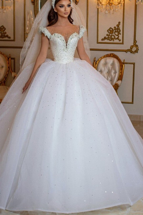 Glamorous Off-the-Shoulder Beaded Princess Wedding Dress with Pearl Tulle-BallBride
