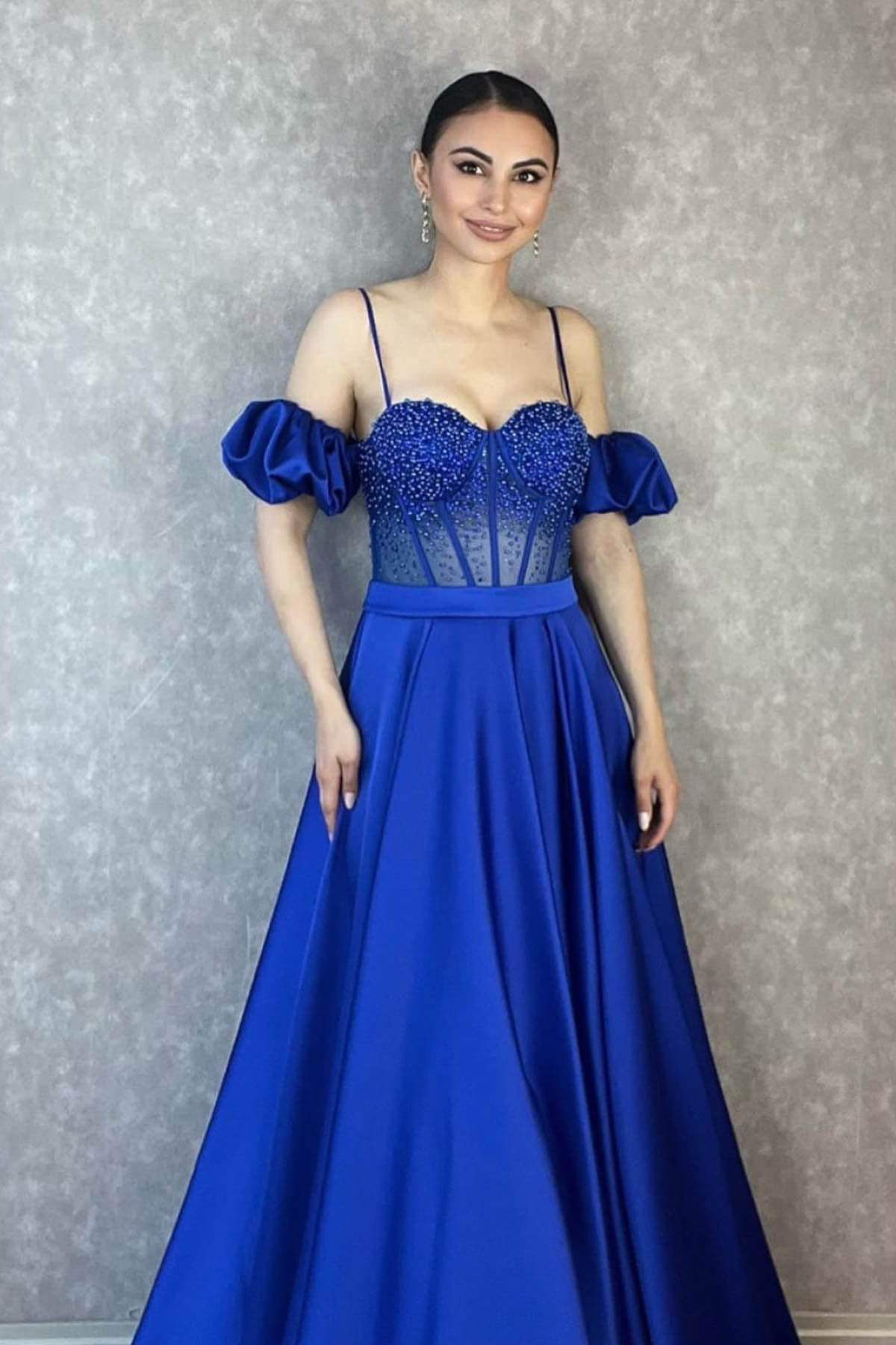 Glamorous Off-The-Shoulder Evening Dress With Beadings Spaghetti-Straps-BallBride