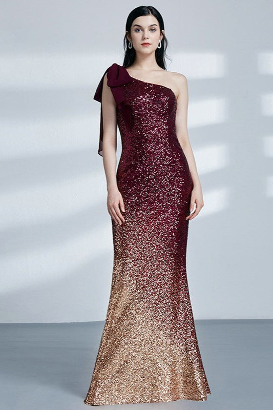 Glamorous Ombre Sequin Prom Dresses Mermaid One Shoulder Evening Gowns-BallBride
