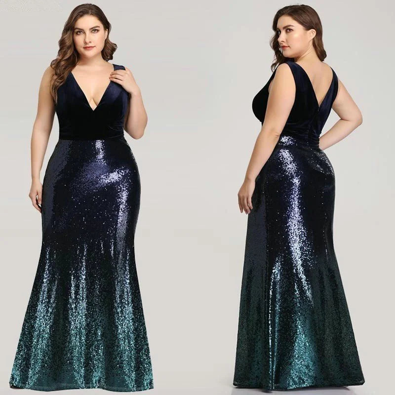 Glamorous Ombre Sequins Velvet Mermaid Plus Size Evening Prom Dress Online-BallBride