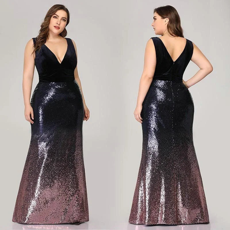 Glamorous Ombre Sequins Velvet Mermaid Plus Size Evening Prom Dress Online-BallBride