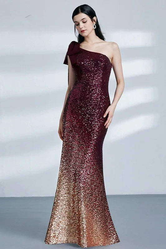 Glamorous Ombre Seuqins Prom Dresses Mermaid One Shoulder Evening Gowns-BallBride
