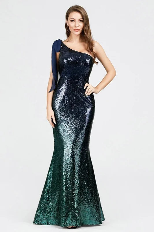 Glamorous Ombre Seuqins Prom Dresses Mermaid One Shoulder Evening Gowns-BallBride