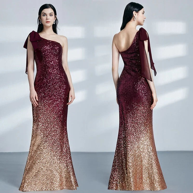 Glamorous Ombre Seuqins Prom Dresses Mermaid One Shoulder Evening Gowns-BallBride