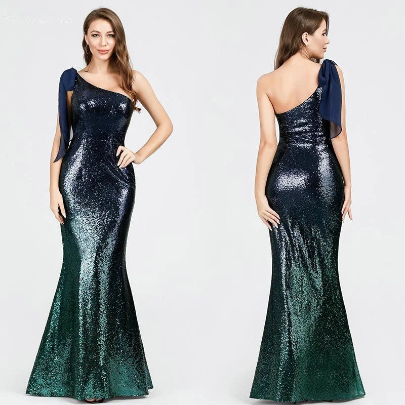 Glamorous Ombre Seuqins Prom Dresses Mermaid One Shoulder Evening Gowns-BallBride