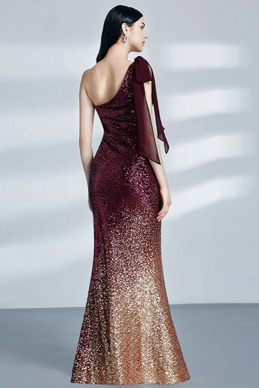 Glamorous Ombre Seuqins Prom Dresses Mermaid One Shoulder Evening Gowns-BallBride